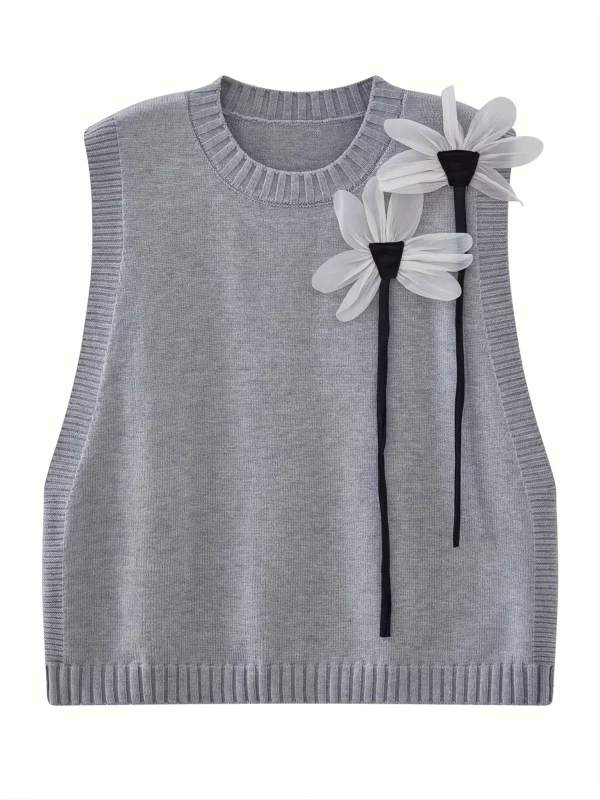 Ensemble Femme Chic – Chemise Blanche, Pantalon Large & Pull Fleur Appliqué – Image 3