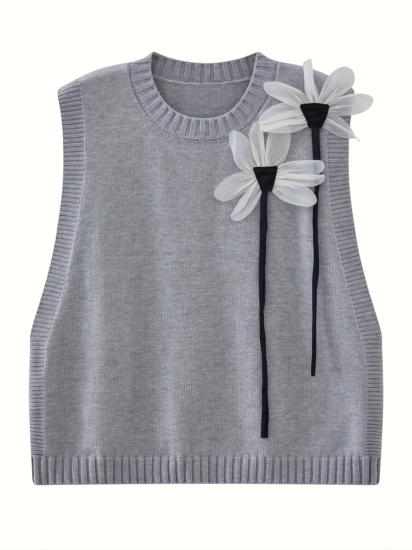 Ensemble Femme Chic – Chemise Blanche, Pantalon Large & Pull Fleur Appliqué – Image 3