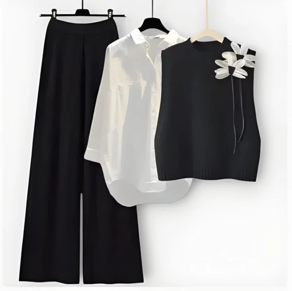Ensemble Femme Chic – Chemise Blanche, Pantalon Large & Pull Fleur Appliqué – Image 6