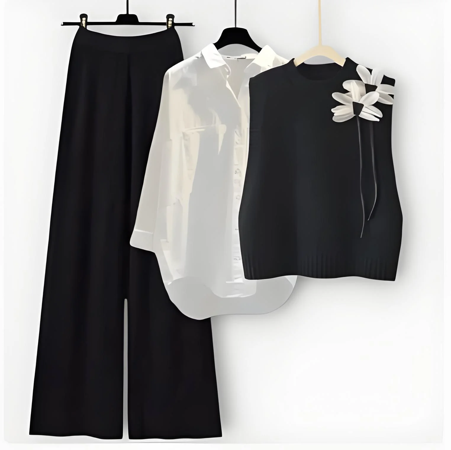 Ensemble Femme Chic – Chemise Blanche, Pantalon Large & Pull Fleur Appliqué – Image 6