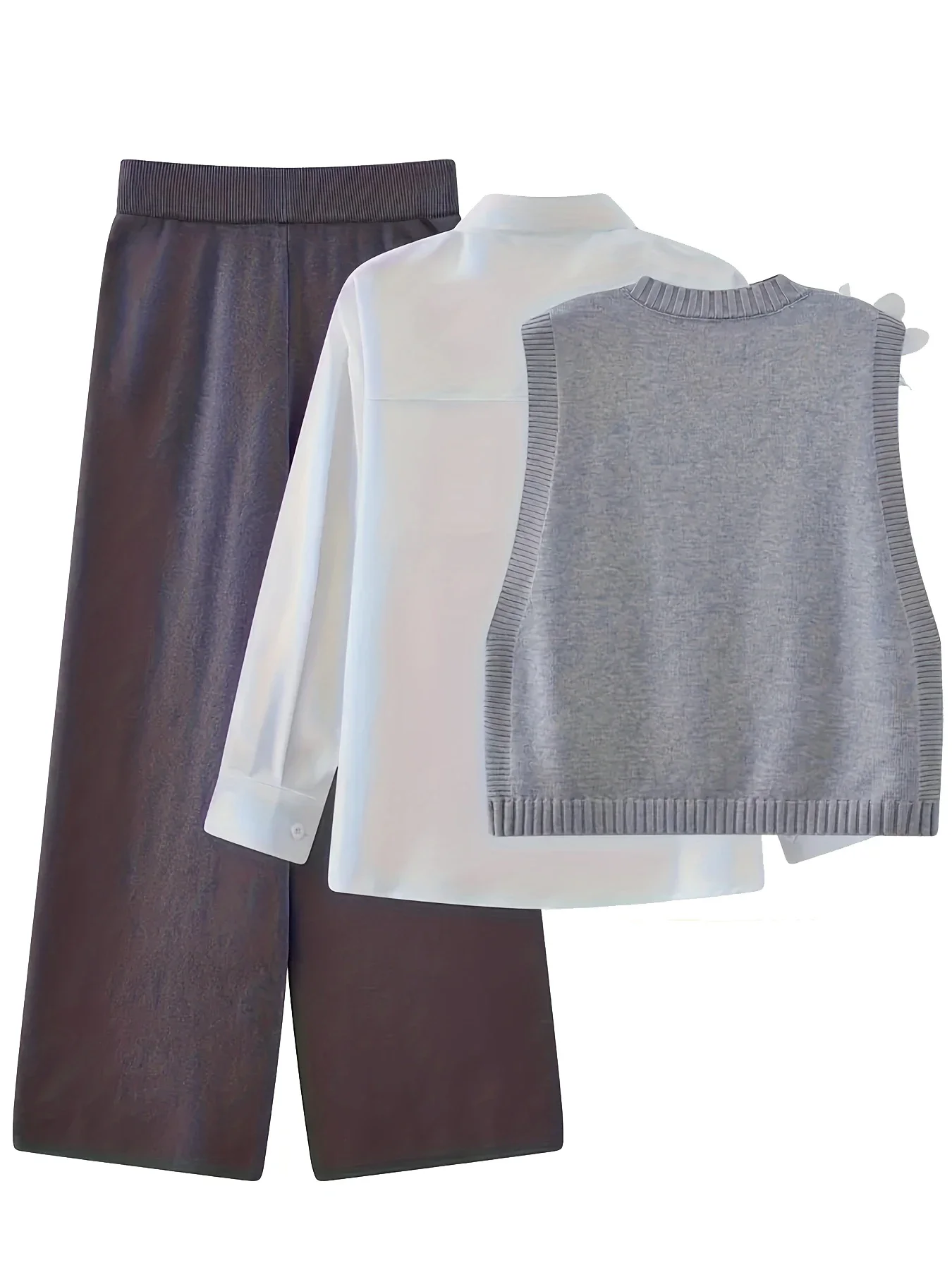 Ensemble Femme Chic – Chemise Blanche, Pantalon Large & Pull Fleur Appliqué – Image 2