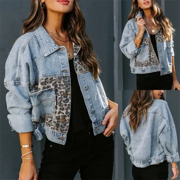 Veste en Jean Femme avec Empiècements Léopard – Audace & Style Urbain – Image 2